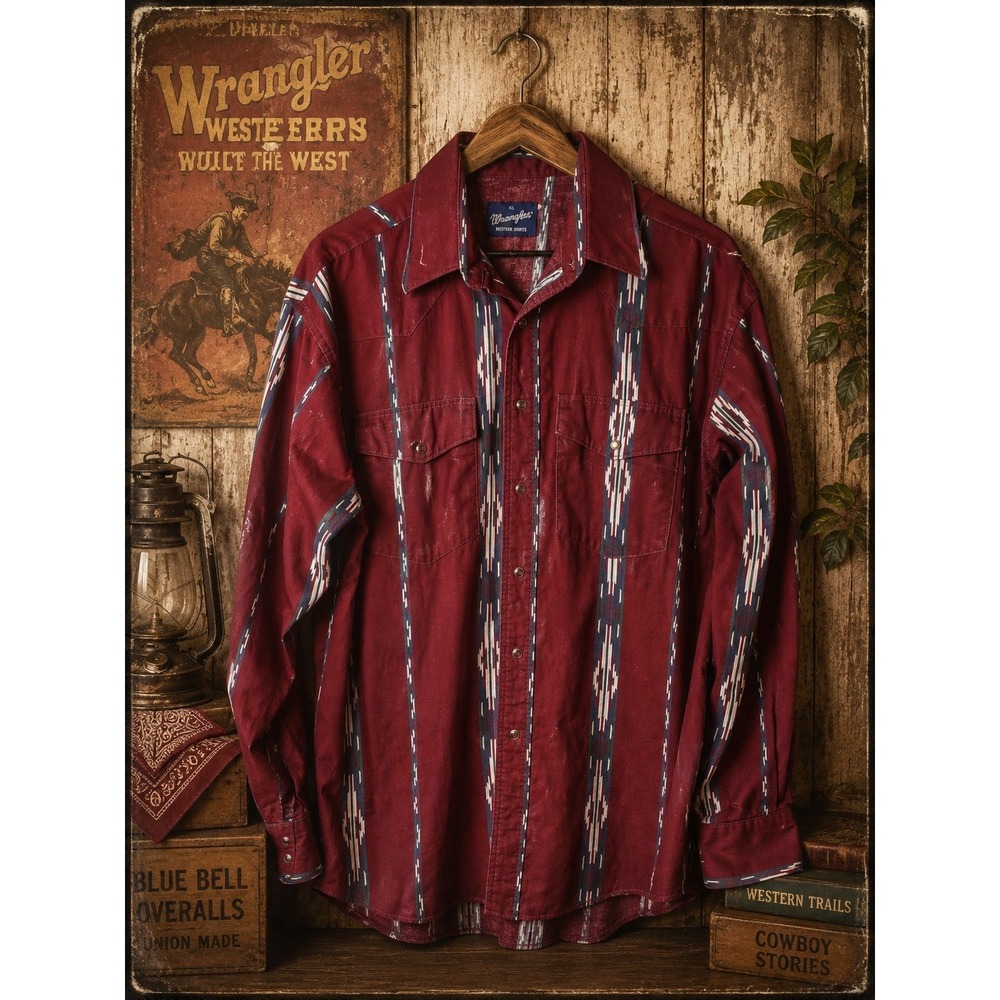 Vintage Mens Wrangler Red Striped Aztec Button Shirt XL Pearl Snaps 1998